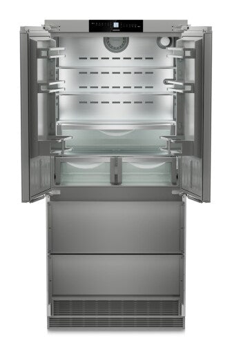 Built-in stainless steel French door refrigerator with bottom freezer drawers and adjustable interior shelving in appliances collection