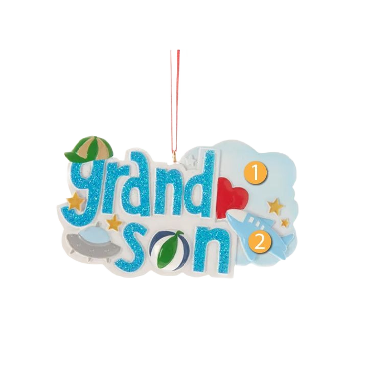 Blue glitter "grandson" ornament with spaceship, airplane, and baseball cap for Christmas tree decoration under $50 collections