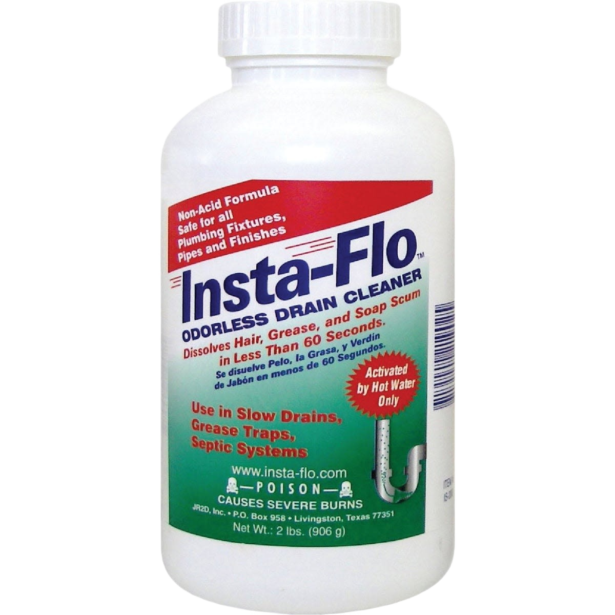 White plastic container of odorless drain cleaner with red and green label for grease and soap scum removal in home plumbing tasks