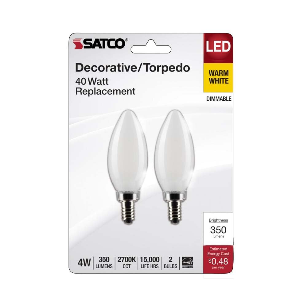 Two frosted decorative LED bulbs with candelabra bases in retail packaging for lighting and home improvement.