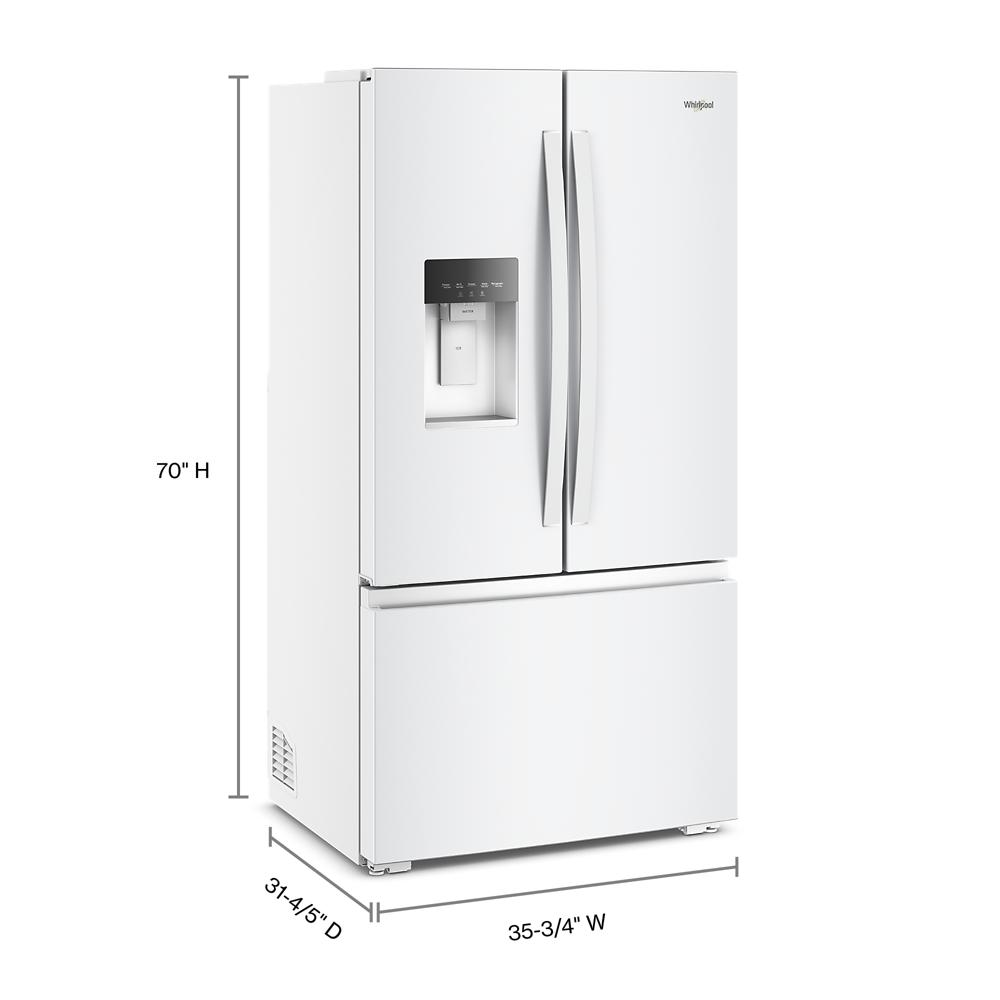 White French door refrigerator with bottom freezer and built-in water dispenser from kitchen appliances collection