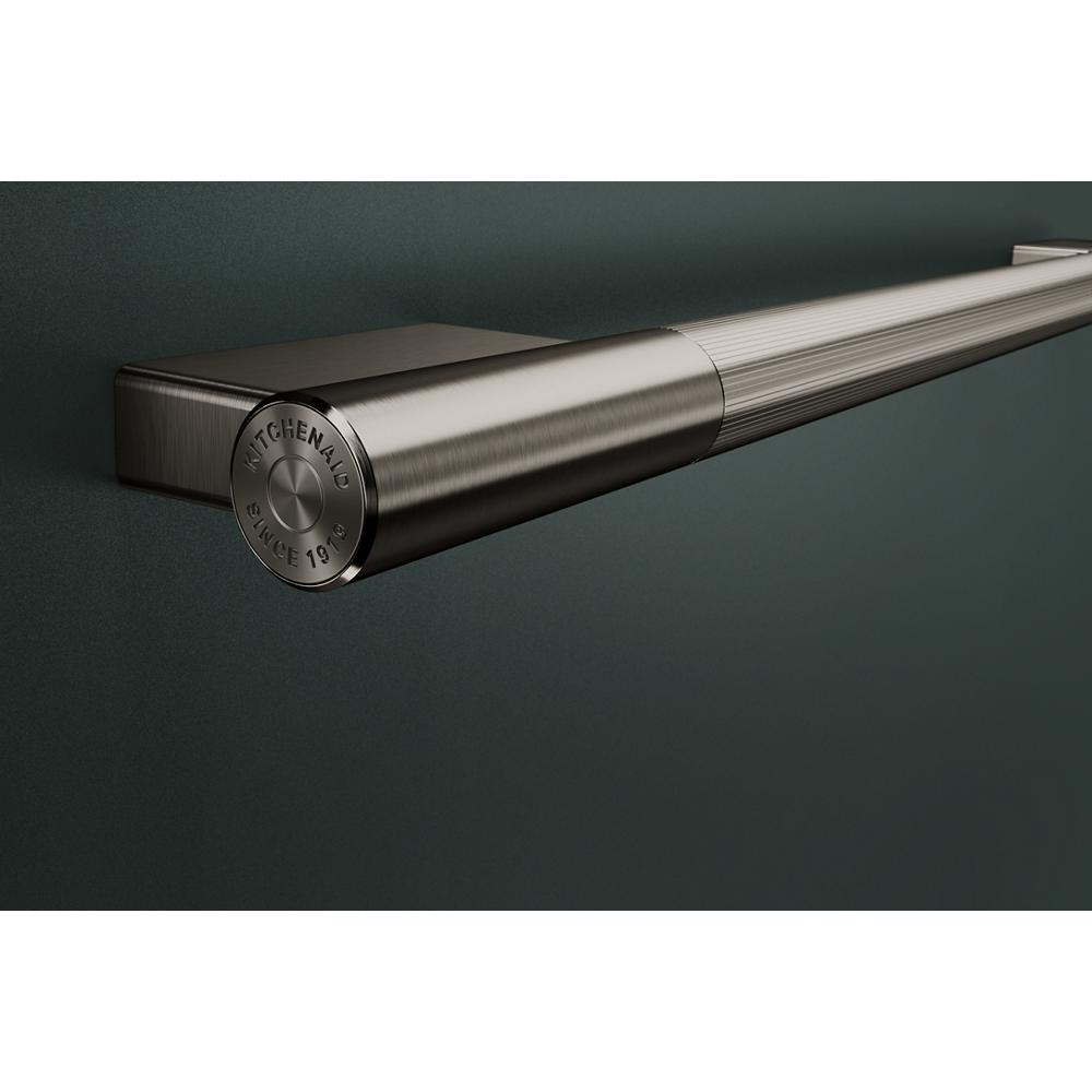 Brushed stainless steel towel bar handle with engraved logo, part of KitchenAid appliances and kitchenware collection
