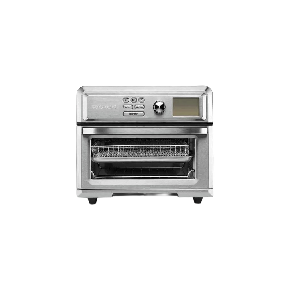Stainless steel airfry basket inside digital toaster oven for efficient cooking and home use