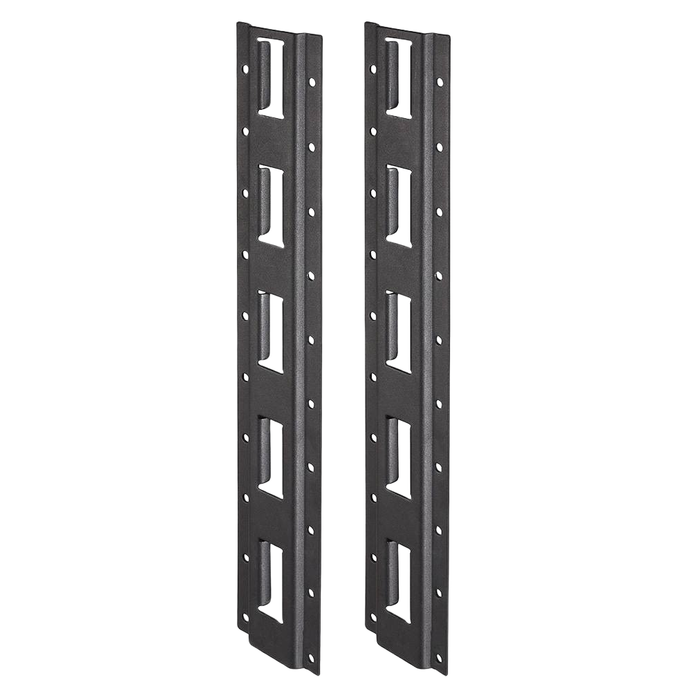 Pair of black heavy-duty vertical steel E-Track racks with corrosion-resistant finish for workshop and garage storage