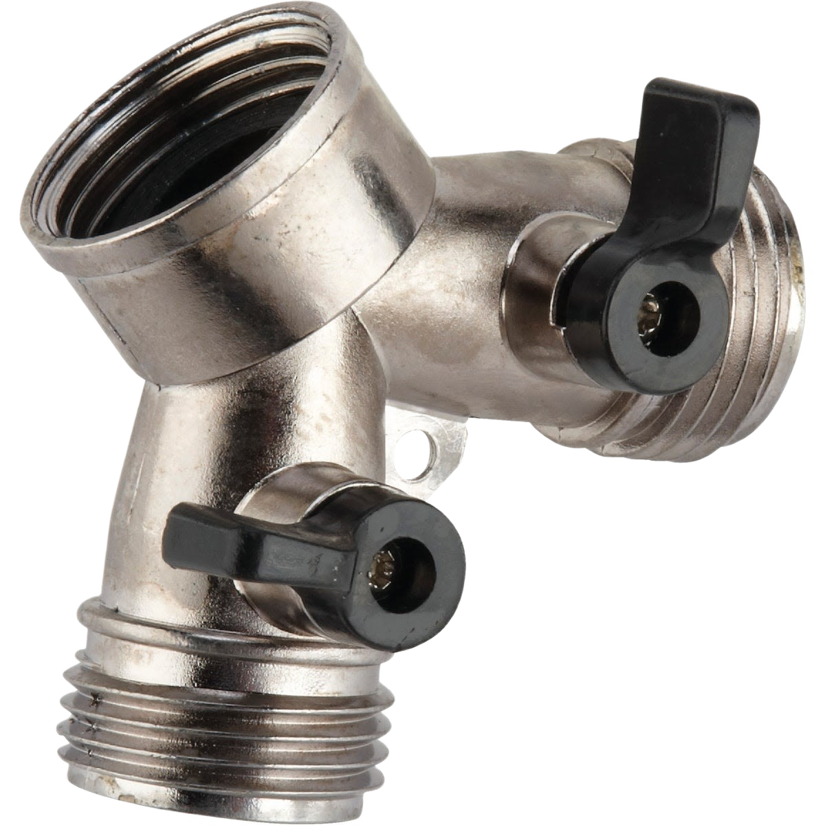 Metal Y-style valve with quarter-turn black handles for water flow control in automotive and home improvement use under $50 collections