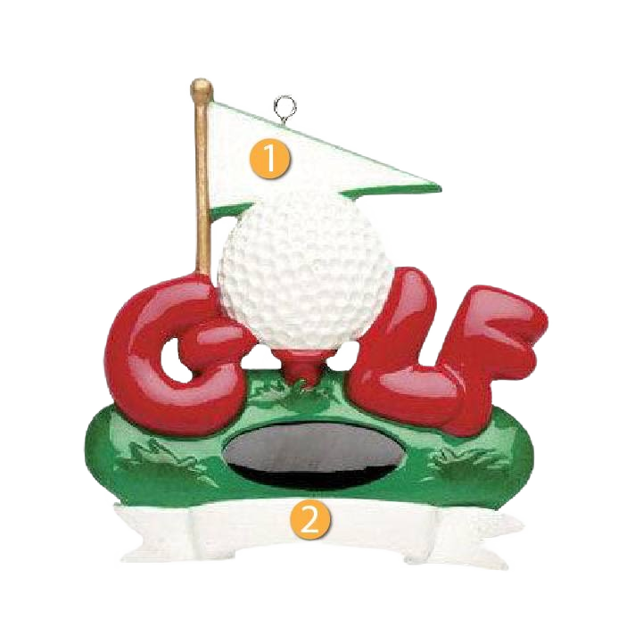 Golf-themed Christmas ornament with red letters, golf ball on tee, flag, and blank white banner for personalization