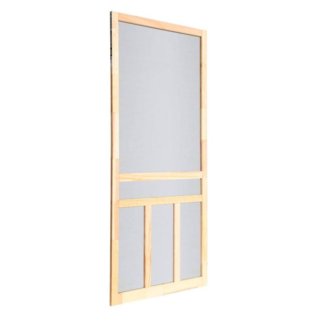 Light wood screen door with T-bar design and fine mesh for ventilation and home improvement projects