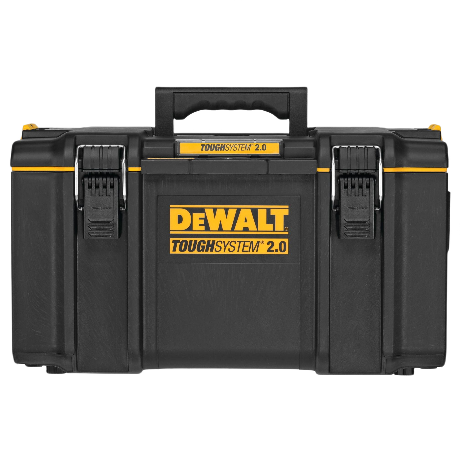 Heavy-duty black and yellow large toolbox with sturdy latches and top handle for tool storage and home improvement tasks