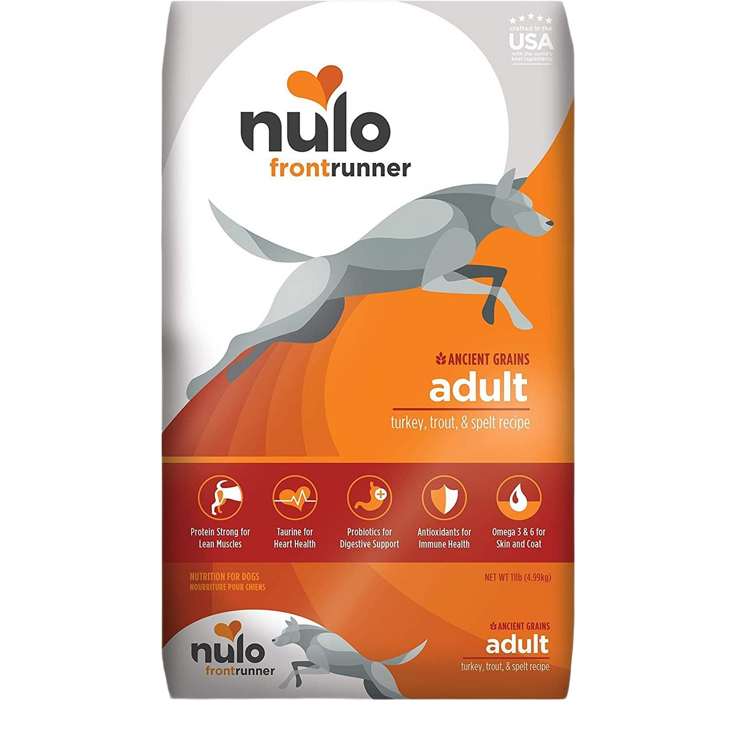 Orange and white bag of Nulo Frontrunner adult dog food featuring turkey, trout, and spelt recipe in pet food collection