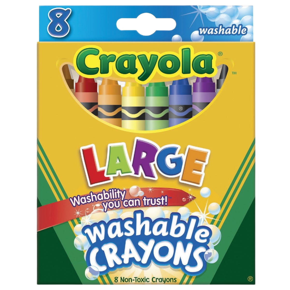 Colorful pack of 8 large washable crayons in yellow, green, orange packaging for writing and art supplies collections