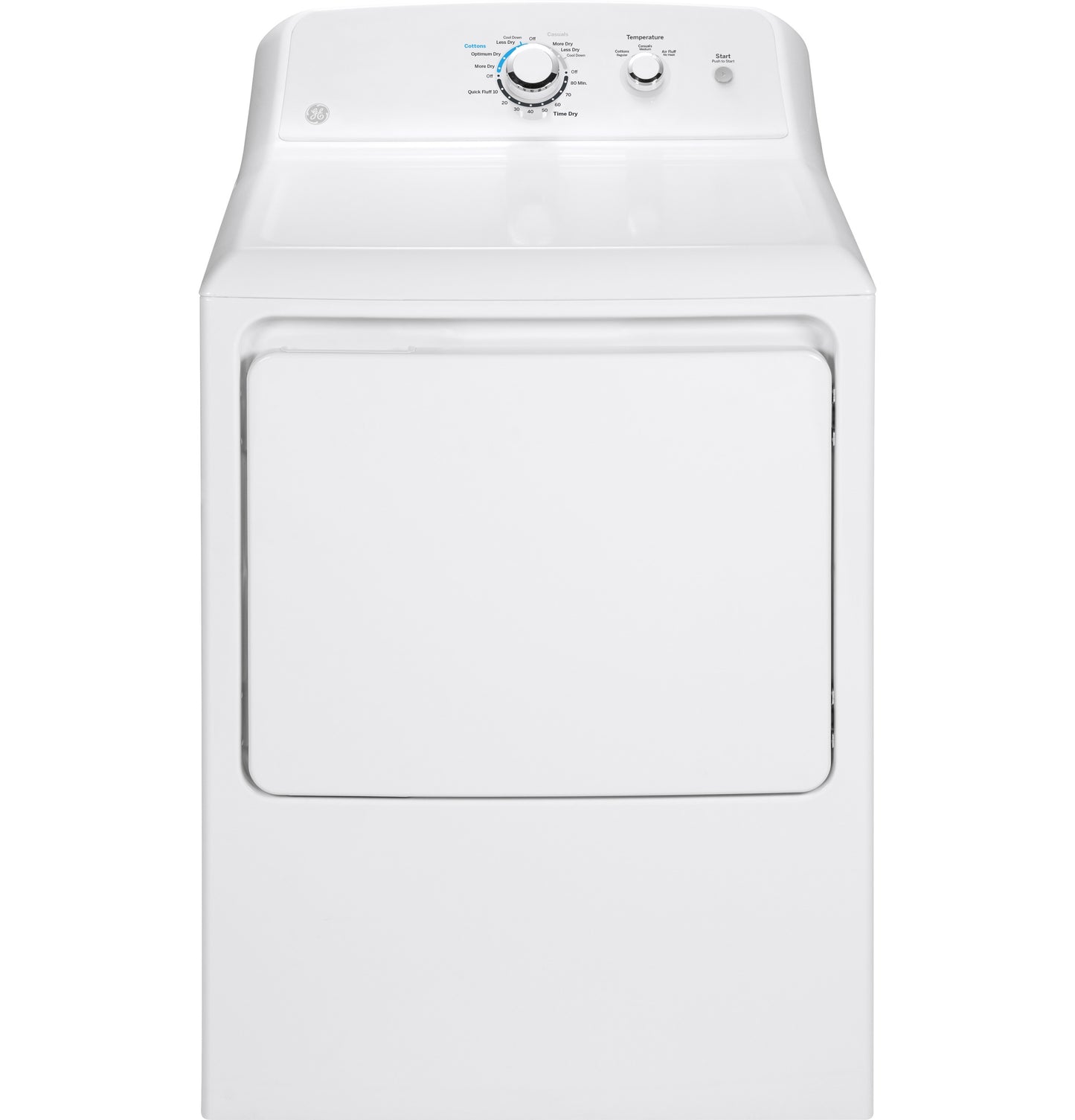 Front view of white gas dryer with capacity label and control knobs from Dryers and Gas Dryers collections