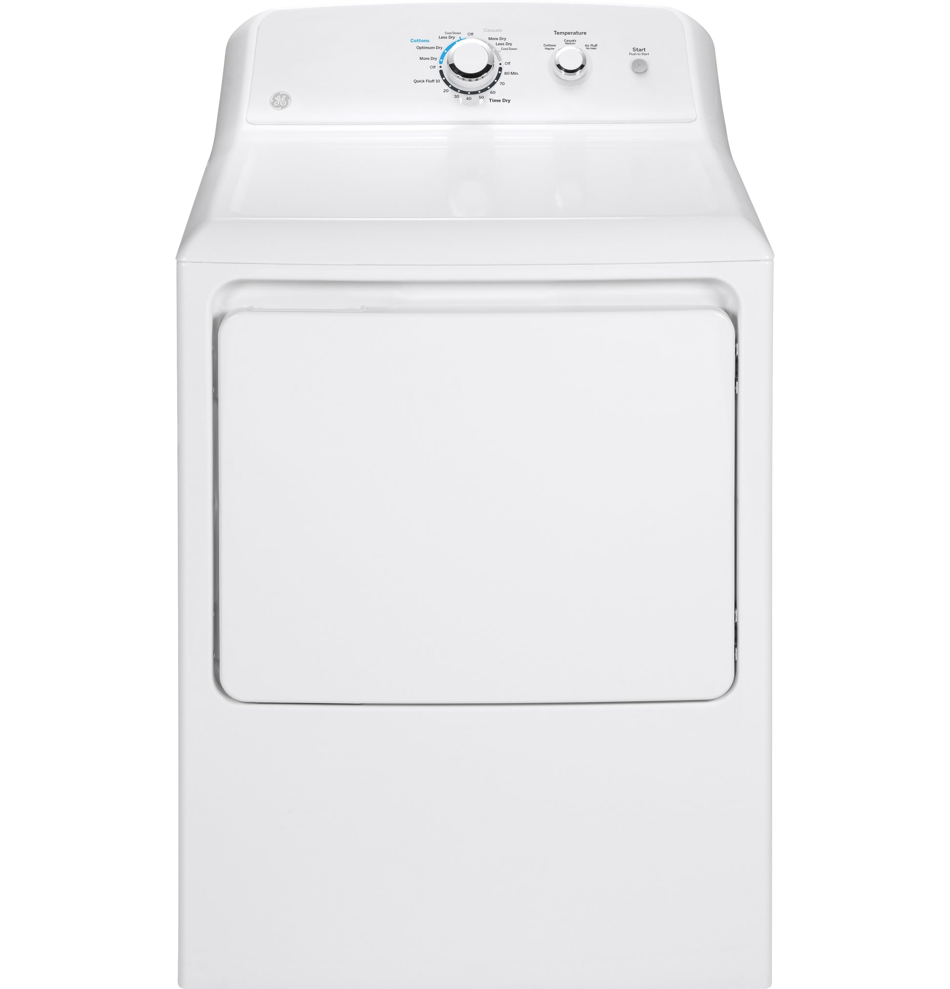 Front view of white gas dryer with capacity label and control knobs from Dryers and Gas Dryers collections