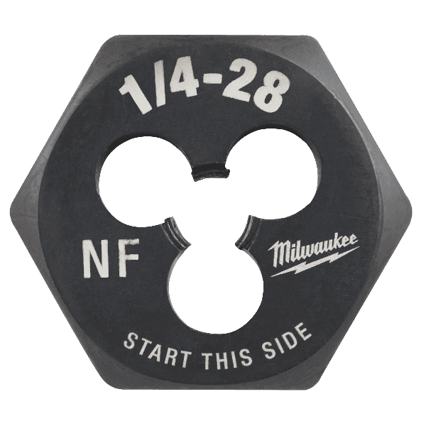 Black hexagonal threading die with 1/4-28 NF markings and Milwaukee logo for tools and home improvement use