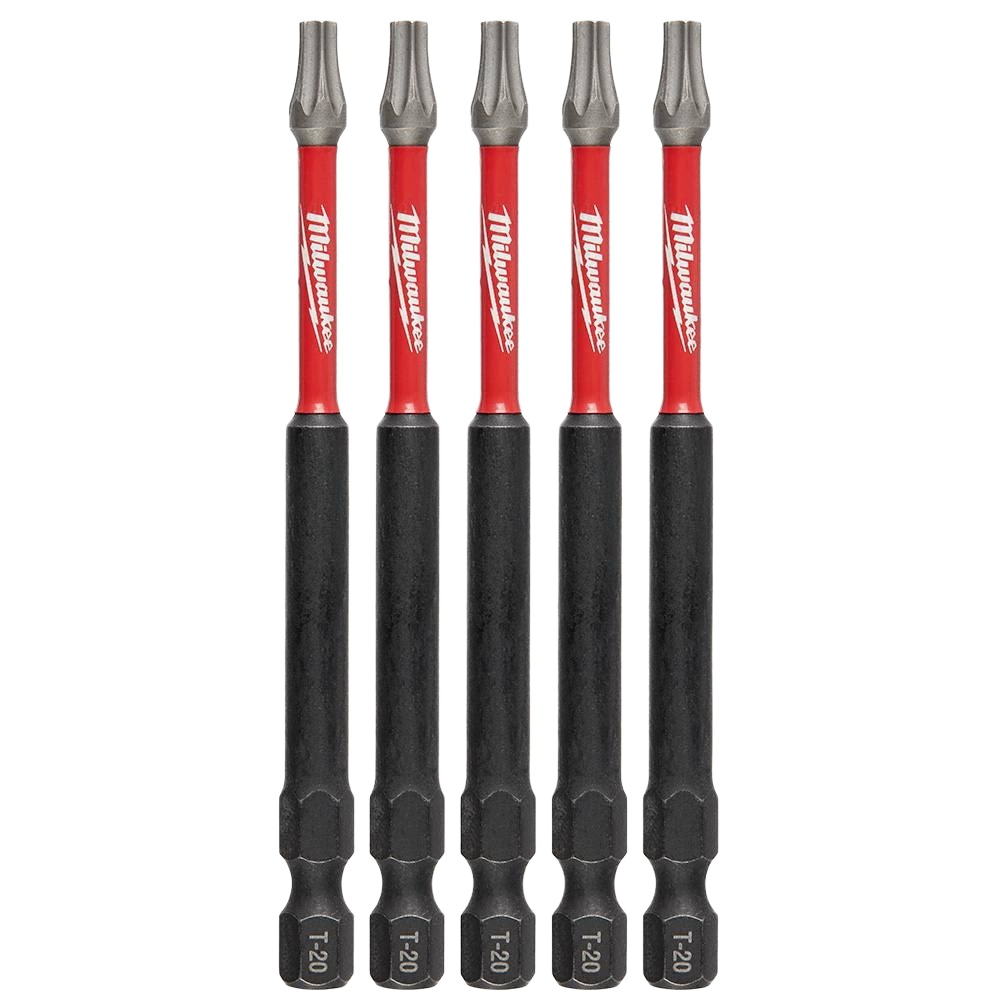 Set of five red and black long T20 TORX impact driver bits for power tool accessories and drill bits collections