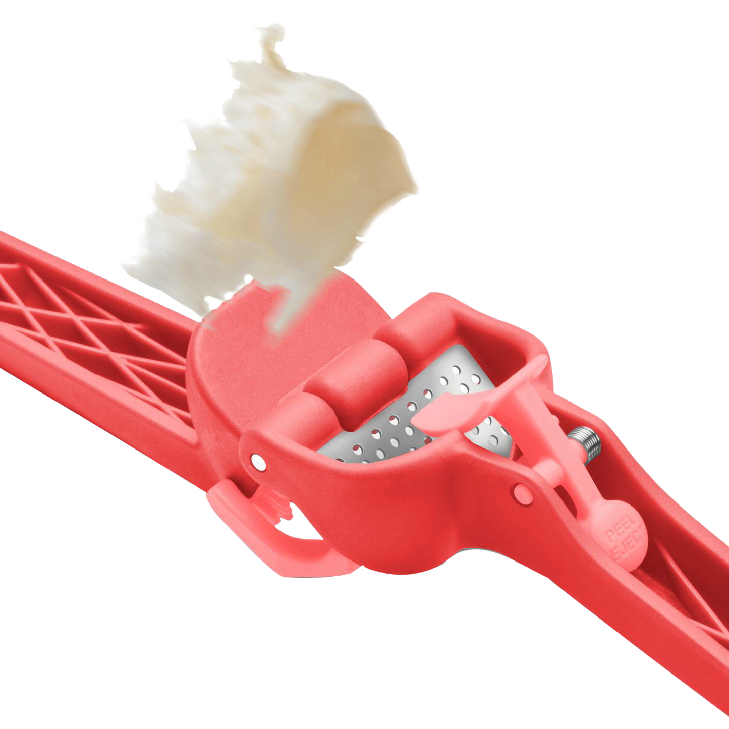 Red garlic press with built-in peeler releasing pressed garlic, part of Kitchen Gadgets and Cooking Utensils collections