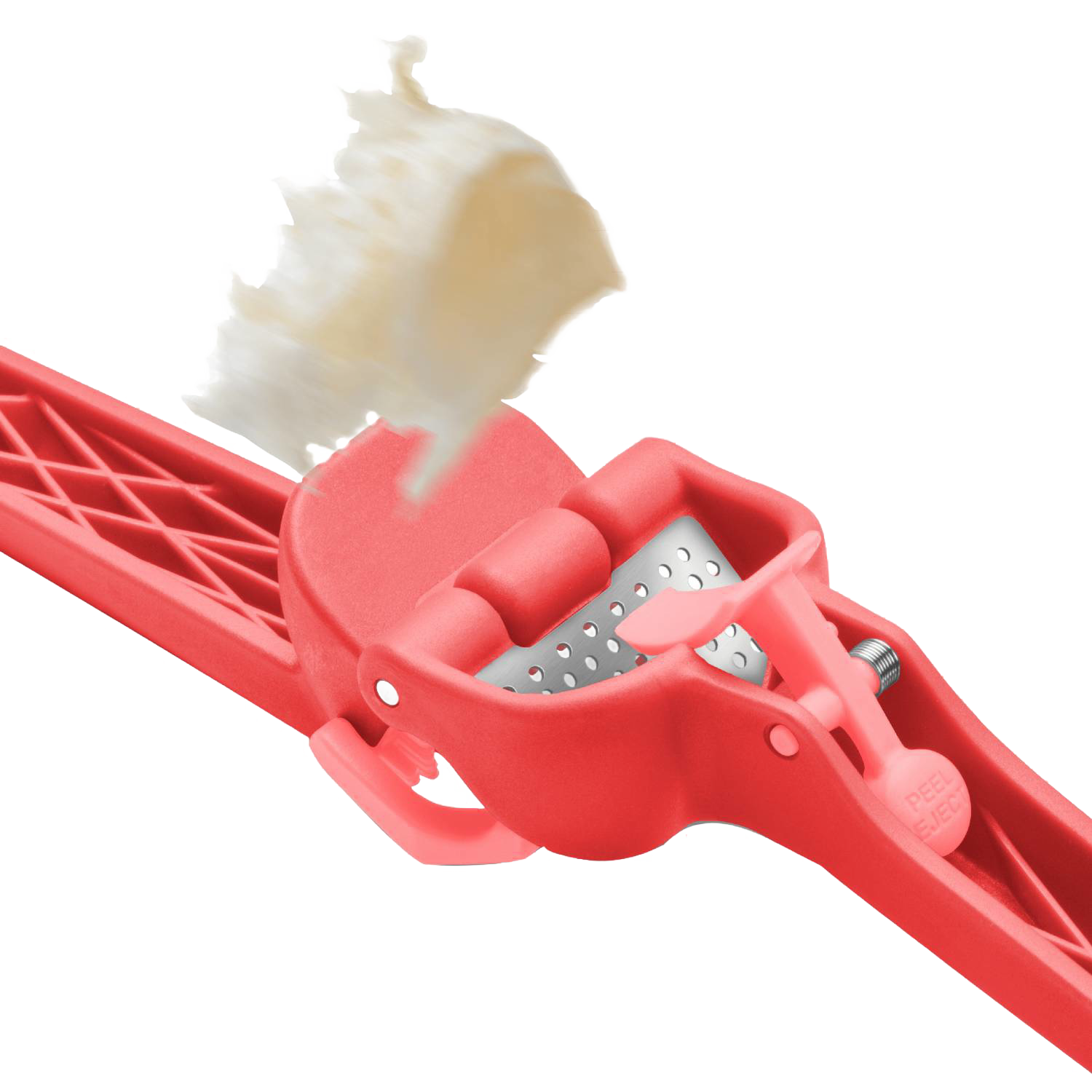 Red garlic press with built-in peeler releasing pressed garlic, part of Kitchen Gadgets and Cooking Utensils collections