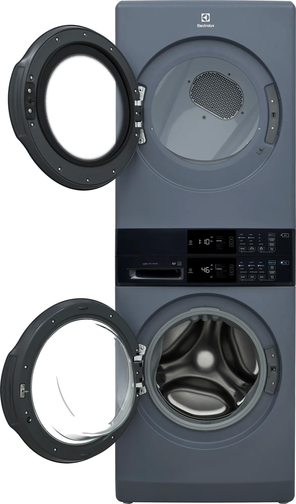 Stacked front load electrolux washer and electric dryer unit in gray with open doors showing stainless steel drum and digital control panels, part of appliance laundry centers at Hartville Hardware.