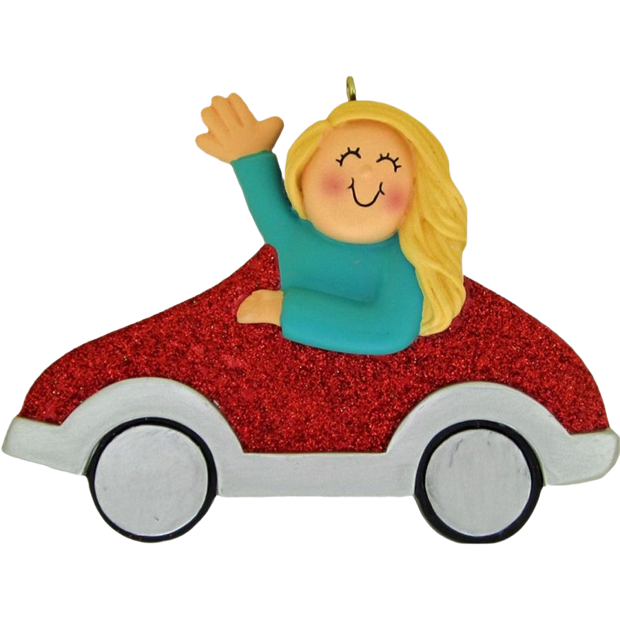 Blonde female figure waving while driving a red glitter car ornament for Christmas tree decoration under $50 collection