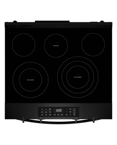 Black electric cooktop with five radiant heating elements and digital touch controls in ranges and kitchen appliances collection