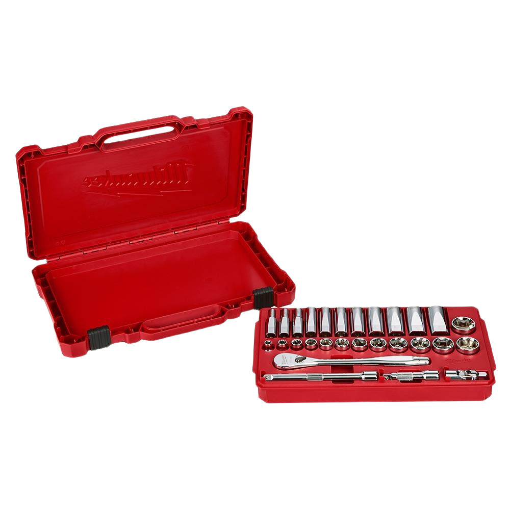 Red tool case with chrome finish sockets and 3/8-inch drive ratchet for hand tools and home improvement tasks