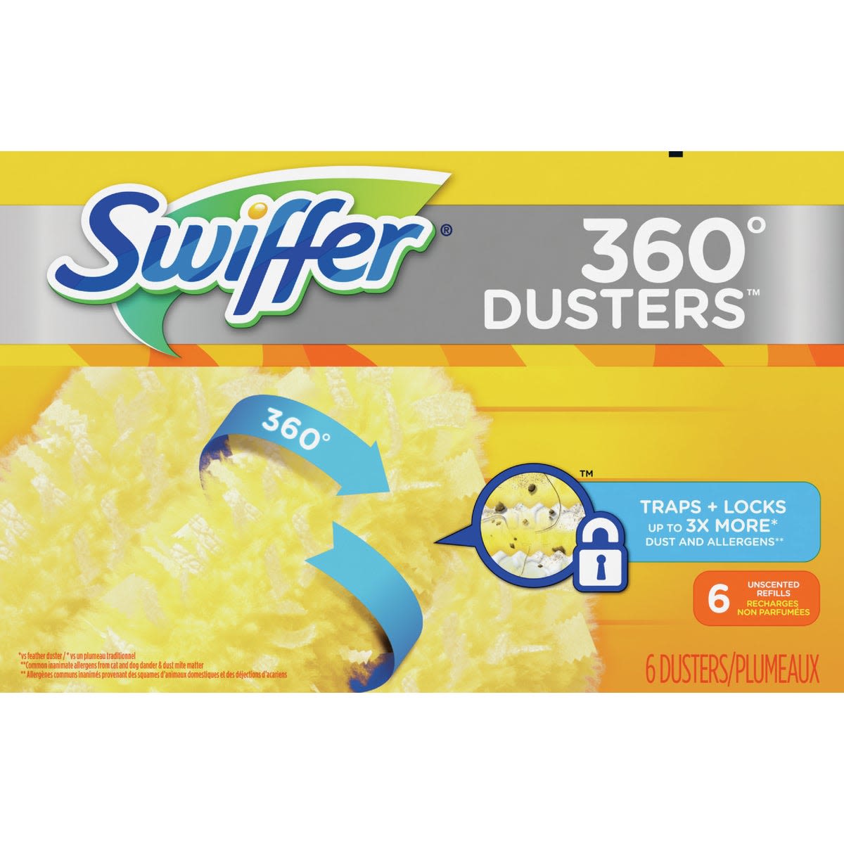 Box of six yellow Swiffer 360 degree duster cloth refills for cleaning tools in dusters and cleaning cloths collection