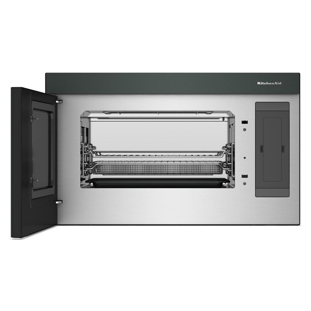 Stainless steel multifunction over-the-range microwave with open door revealing air fryer and convection oven interior racks