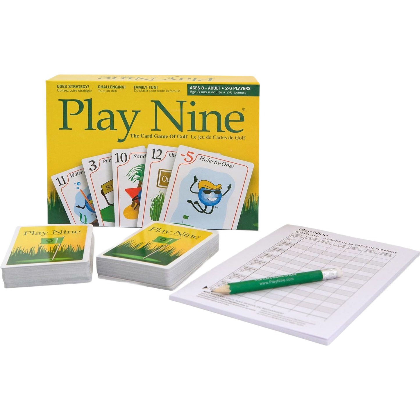 Yellow box of strategy card game Play Nine with two decks, score pad, and green pencil for family fun games ages 8 and up