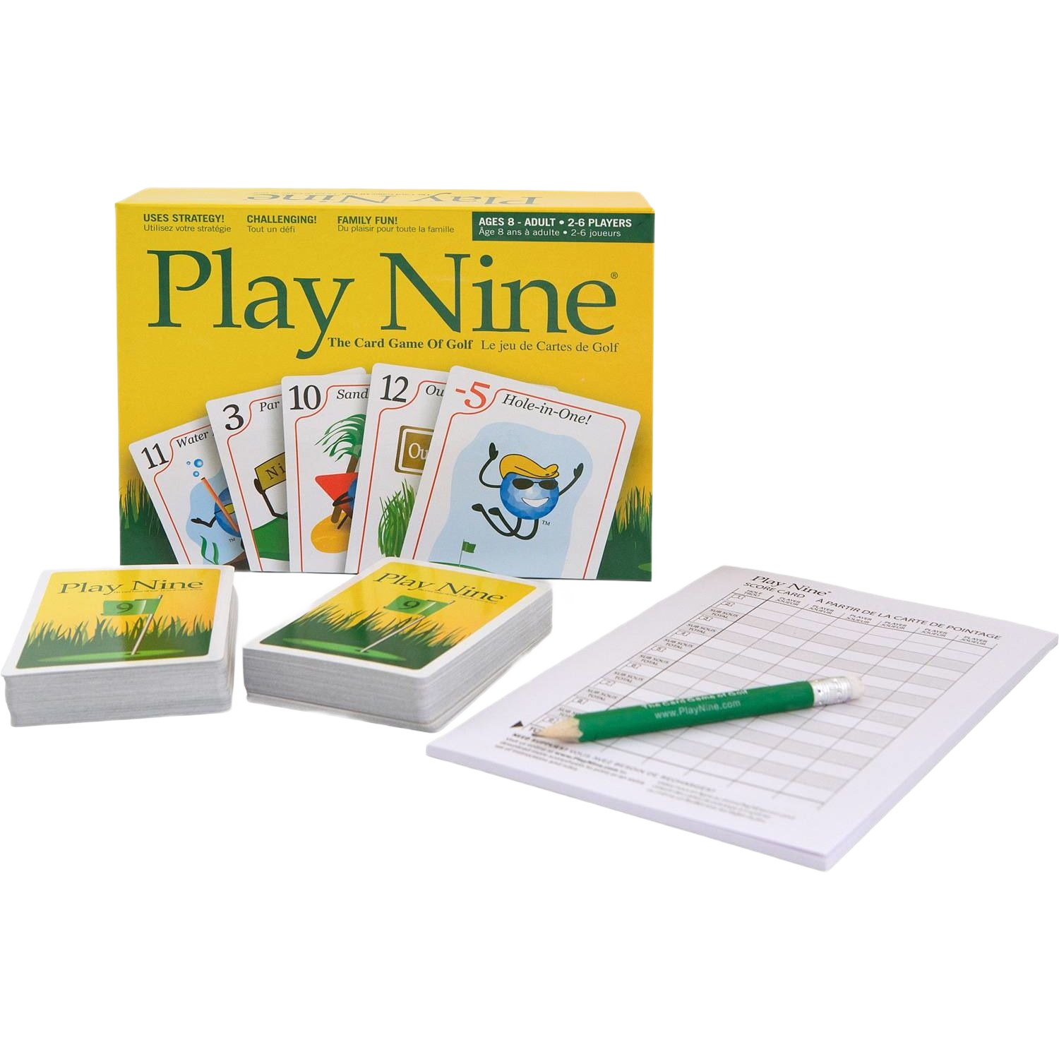 Yellow box of strategy card game Play Nine with two decks, score pad, and green pencil for family fun games ages 8 and up