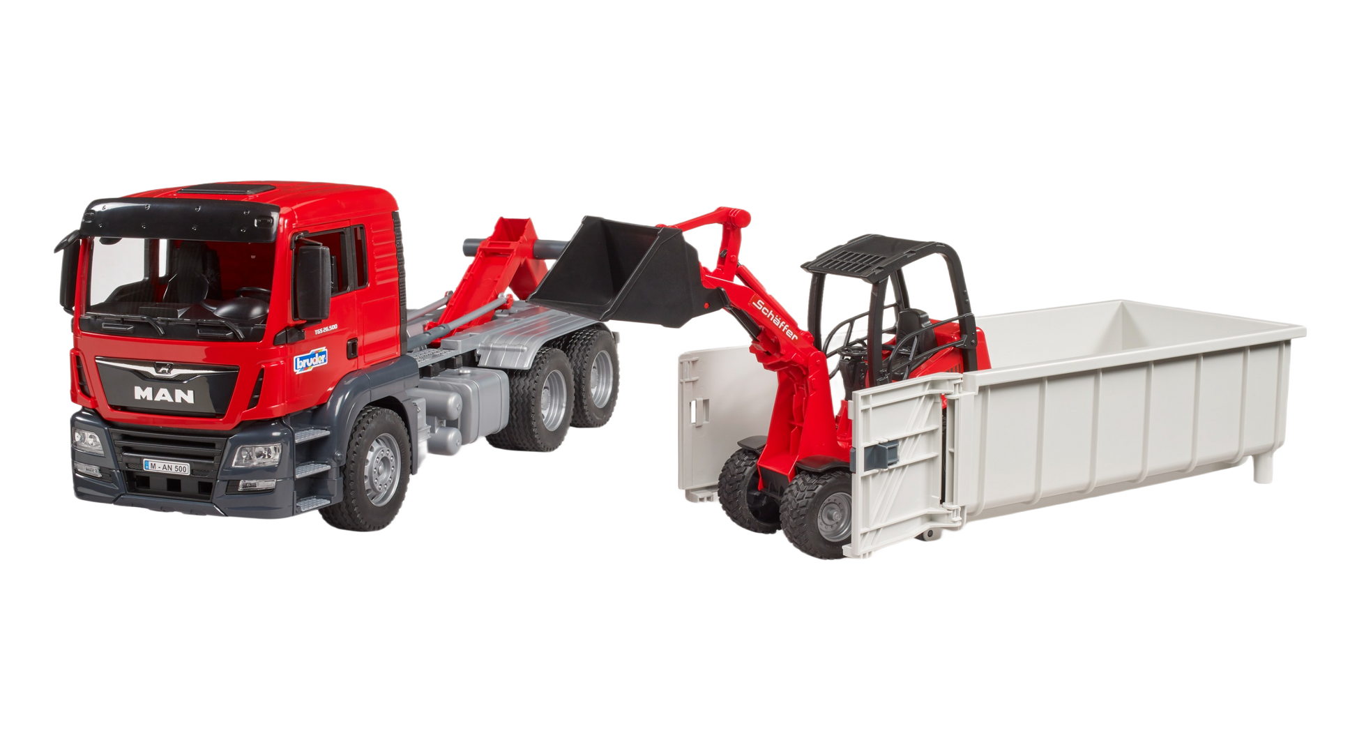 Red MAN truck with detachable white roll-off container and red compact loader lifting the container for home improvement play