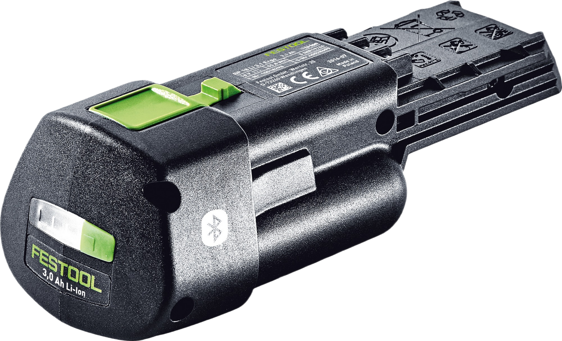 Black and green Festool lithium-ion battery pack with Bluetooth for cordless tool power in home improvement tasks