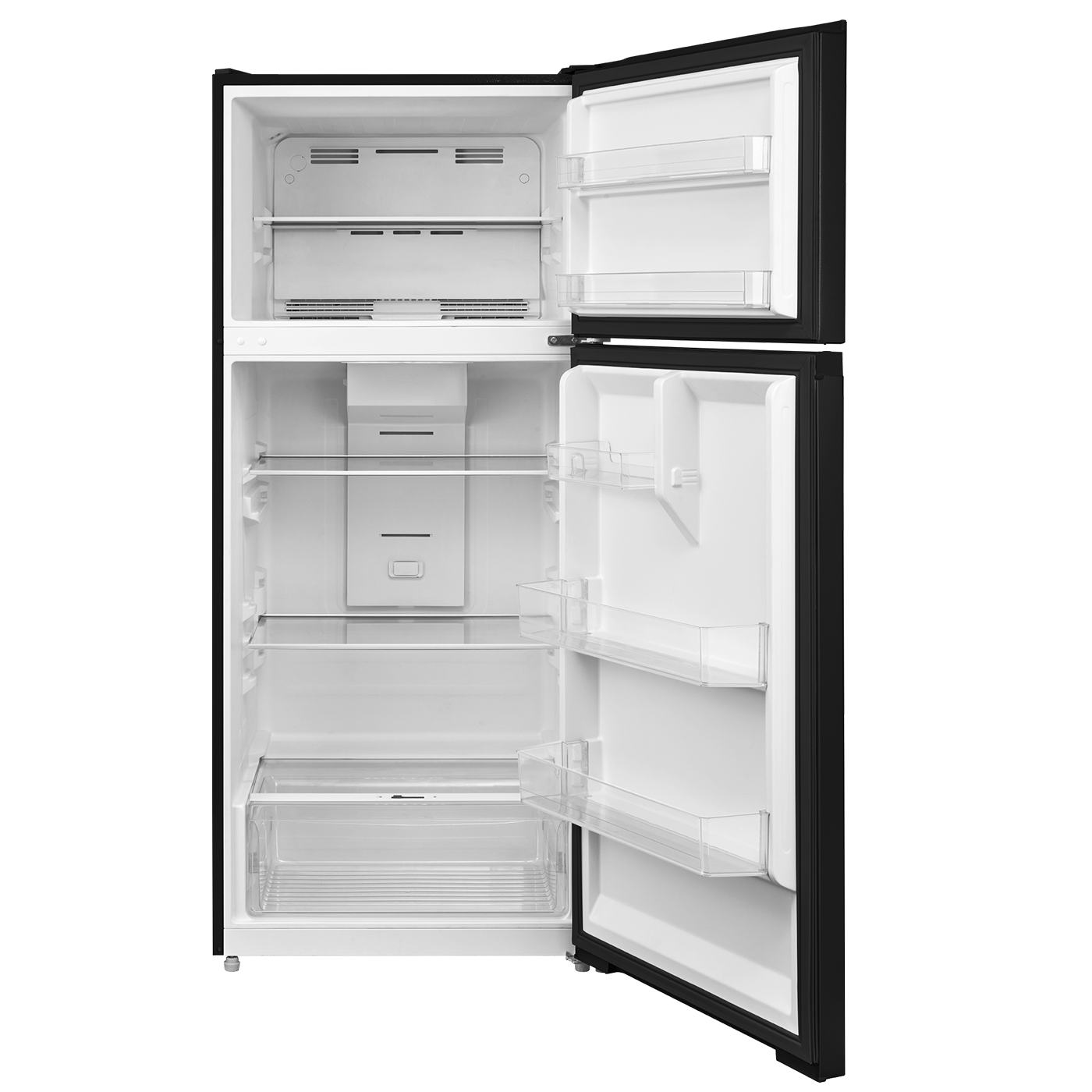 Open black top freezer refrigerator with adjustable glass shelves and clear door bins in kitchen appliances collection