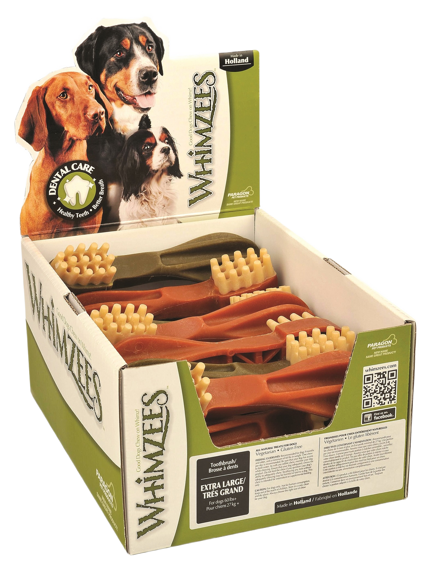 Assorted extra-large dog dental chew treats shaped like toothbrushes in a branded display box