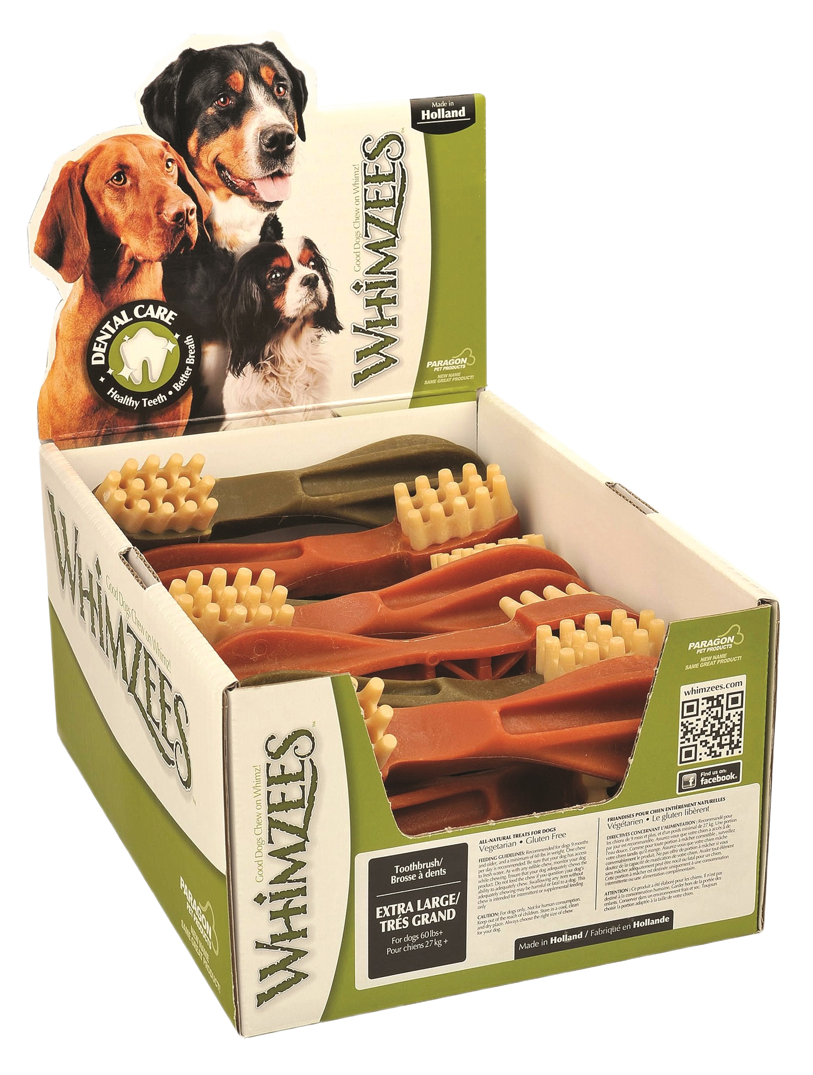 Assorted extra-large dog dental chew treats shaped like toothbrushes in a branded display box