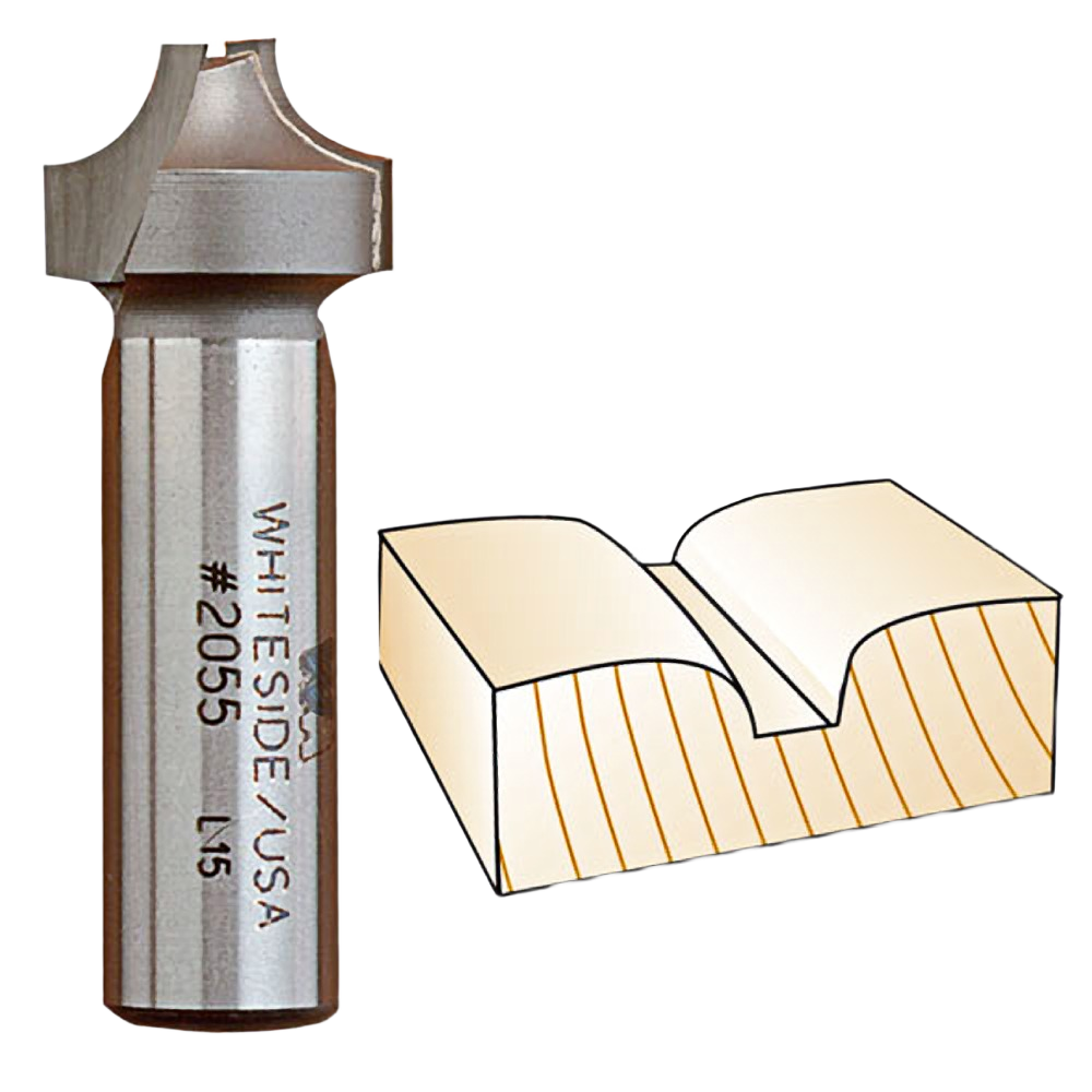 Whiteside plunge roundover bit with plunge point shown alongside raised panel wood groove example in tool accessories collection