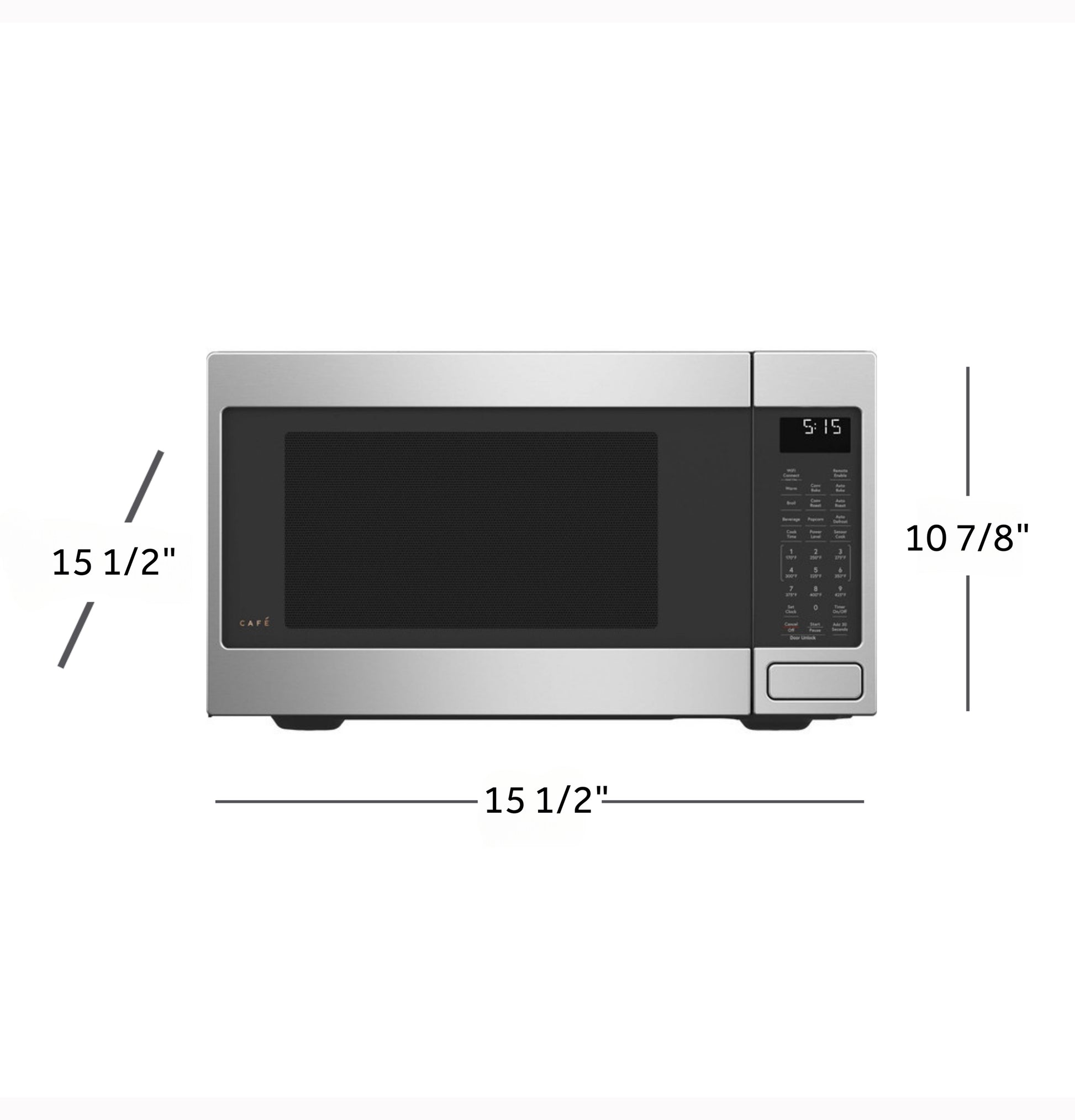 Front view of stainless steel smart countertop convection microwave oven with control panel and dimensions shown