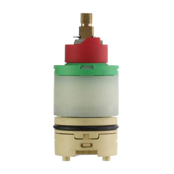 Replacement tub shower cartridge with red and green plastic and brass components for faucet repair and plumbing parts