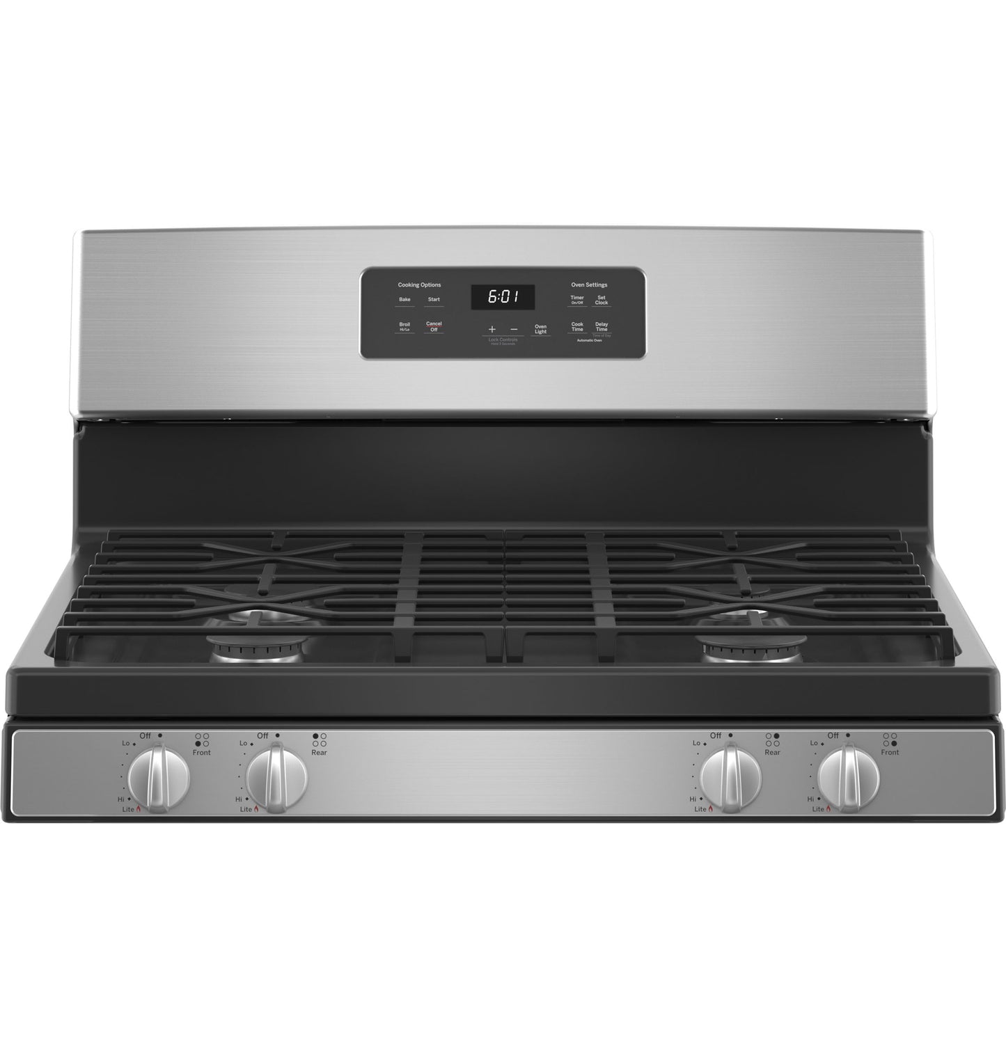 Stainless steel gas range with four burner cooktop, front control knobs, and digital clock in kitchen appliances collection