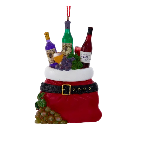 Red Santa bag ornament filled with wine bottles, grapes, and a wine glass for holiday decoration use