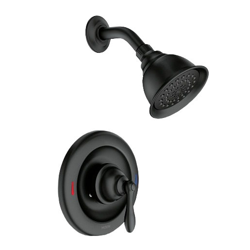 Matte black shower trim with adjustable showerhead and single lever handle for tools and home improvement use