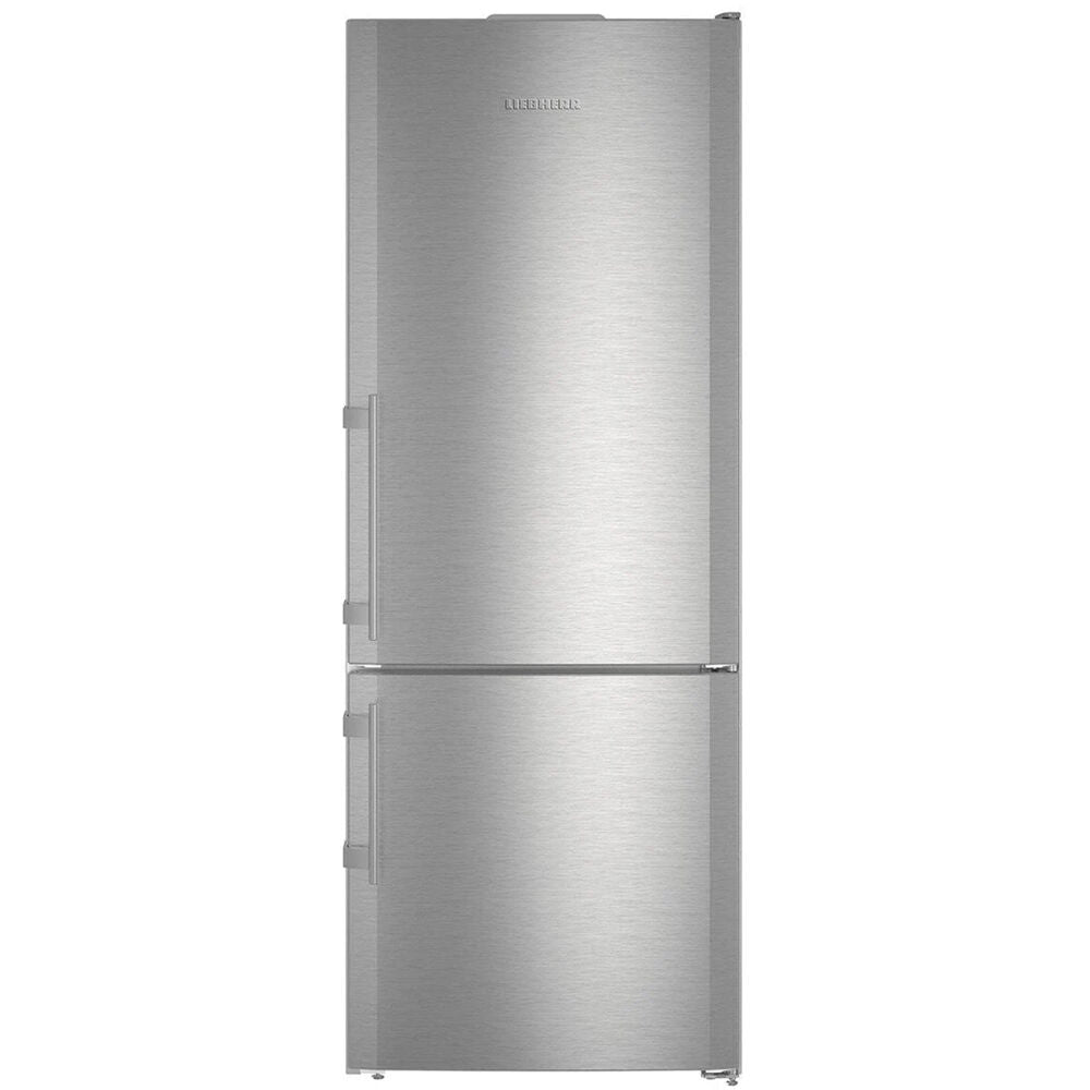 Freestanding stainless steel refrigerator freezer with bottom freezer door in kitchen and appliances collection