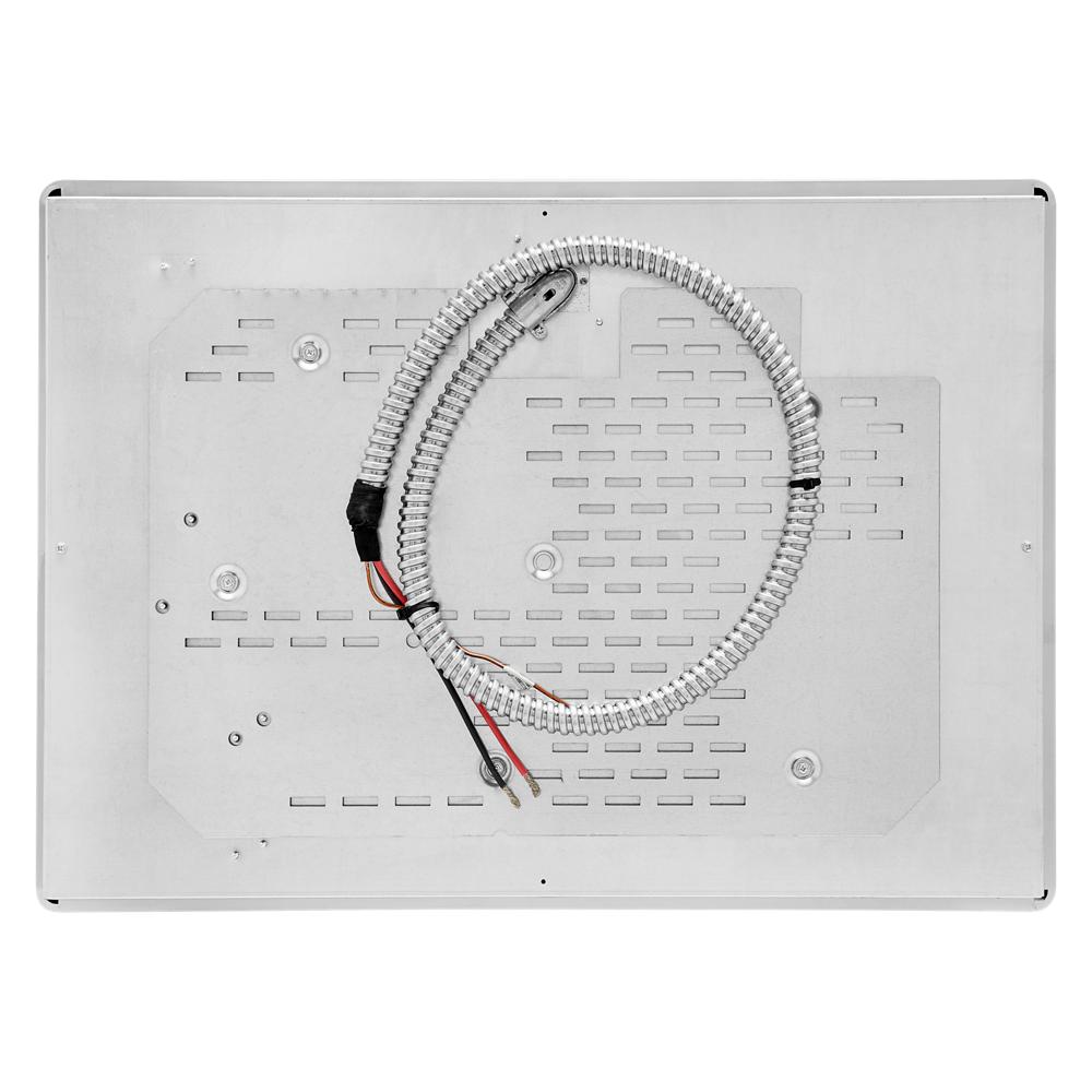 Bottom view of stainless steel electric cooktop showing wiring and ventilation from KitchenAid Appliances collection