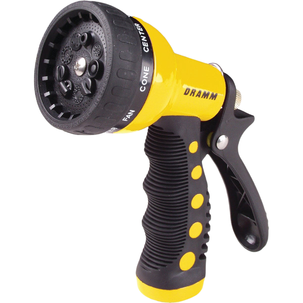 Heavy-duty yellow and black metal nozzle with adjustable spray patterns for watering and irrigation projects