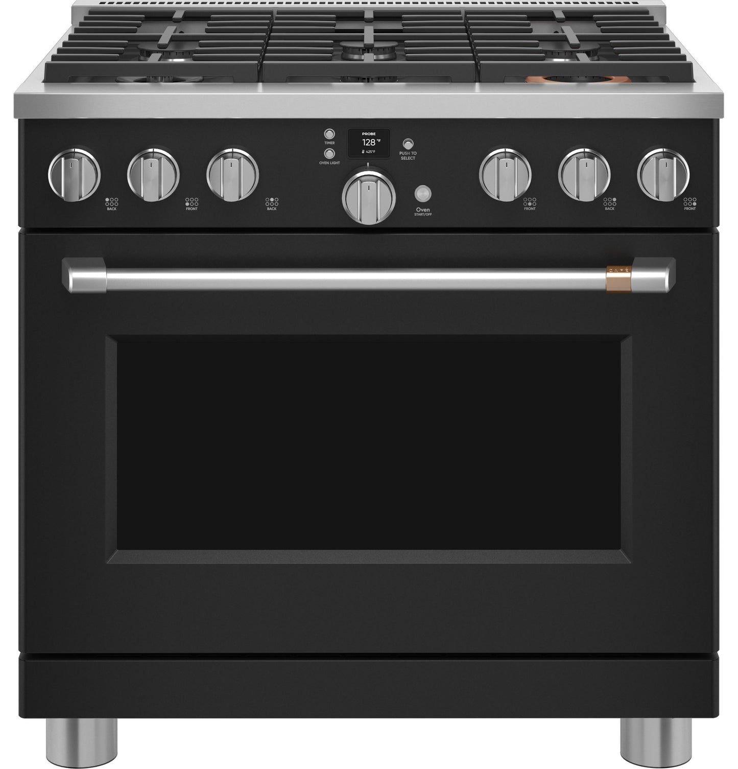 Black dual-fuel range with six burner knobs, digital display, and stainless steel handle from gas ranges collection