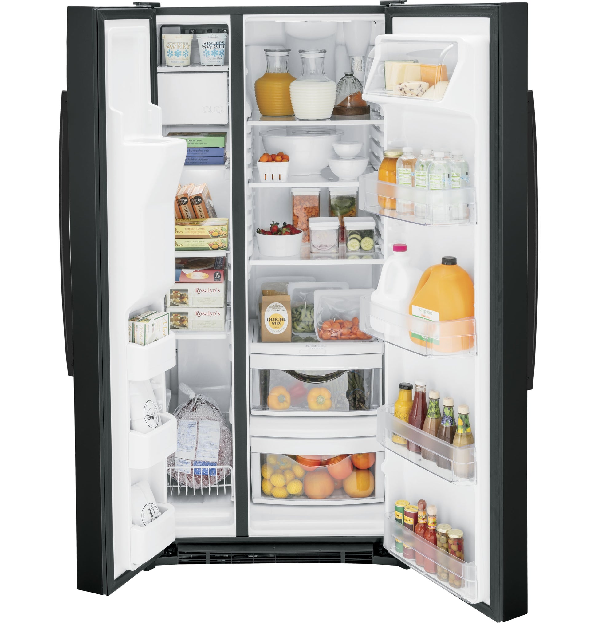 Black side-by-side refrigerator open to show organized interior with beverages, fresh produce, and kitchen essentials inside