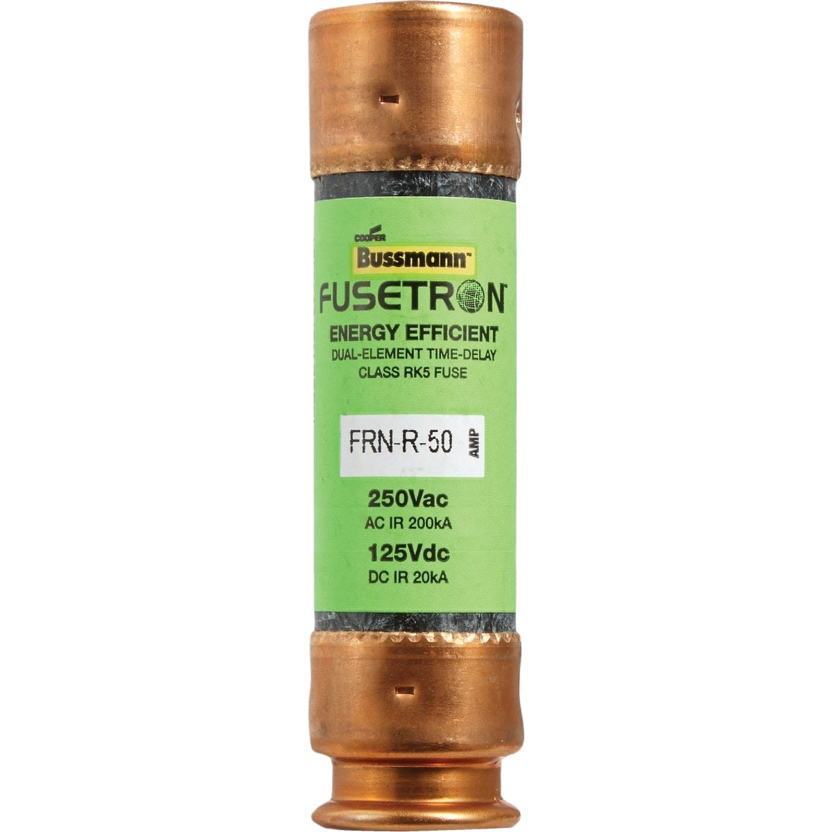 Copper-ended cartridge fuse with green label indicating 50 amp dual-element time-delay for electrical use