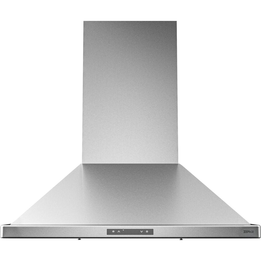 Modern stainless steel wall mounted chimney hood with LED controls and baffle filters in kitchen and appliances collections