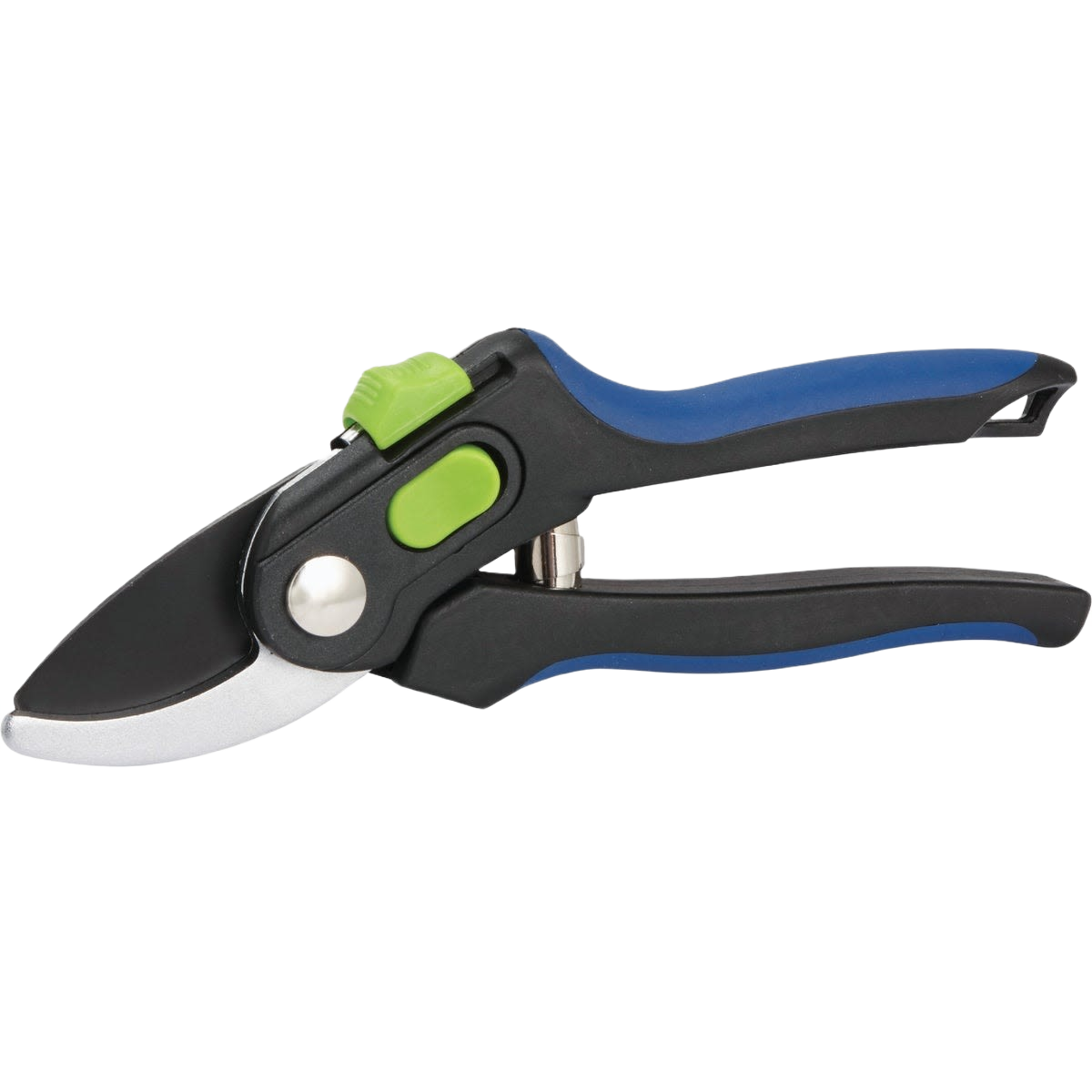Garden bypass pruner with ergonomic blue and black handles and green safety lock for home improvement tasks