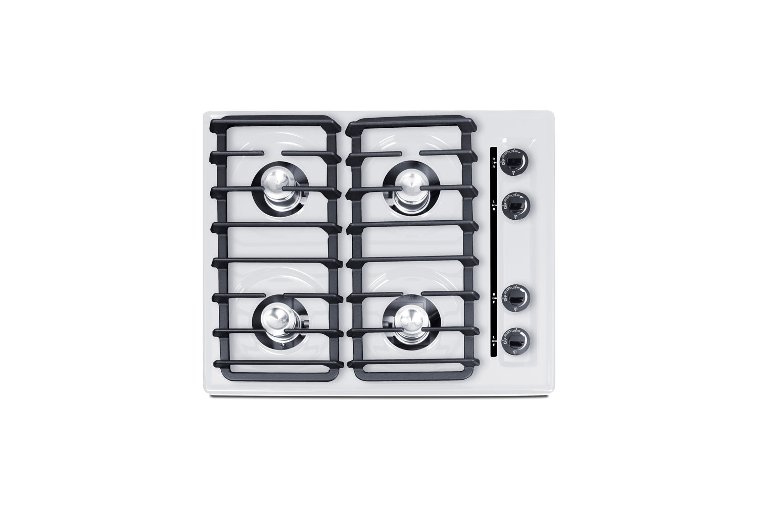24-inch wide gas cooktop with four burners and black cast iron grates, designed for compact kitchens and included in Cooktops and Appliances collections.