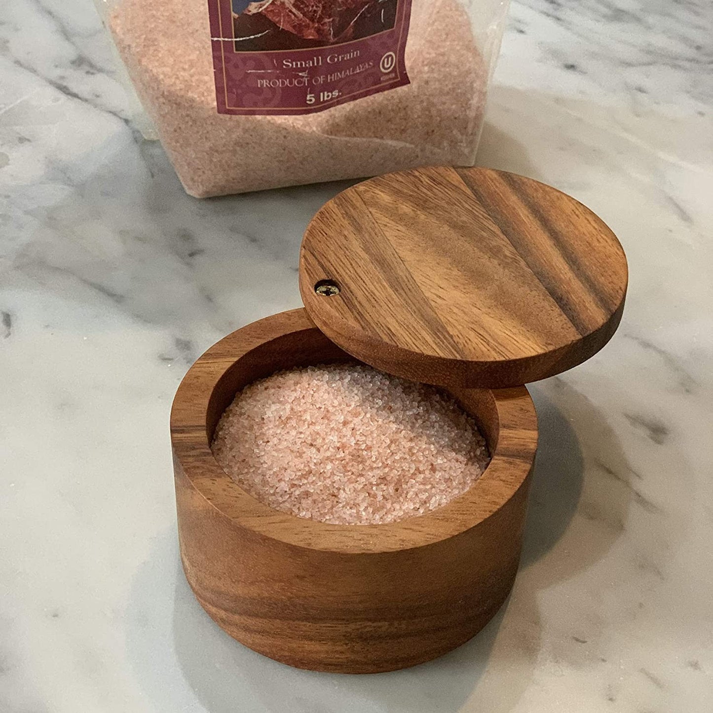 Acacia wood salt cellar with hinged lid for easy seasoning access, part of kitchenware and cooking utensils collections under $50