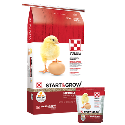 Bag of Purina Start & Grow medicated poultry feed featuring a chick standing beside an egg on red packaging